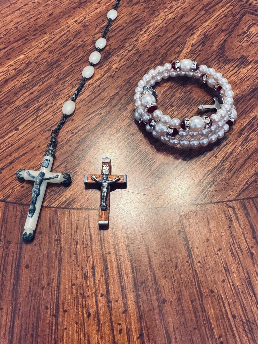 Pearl Beaded Stretch Bracelet Stack with Cross Charms